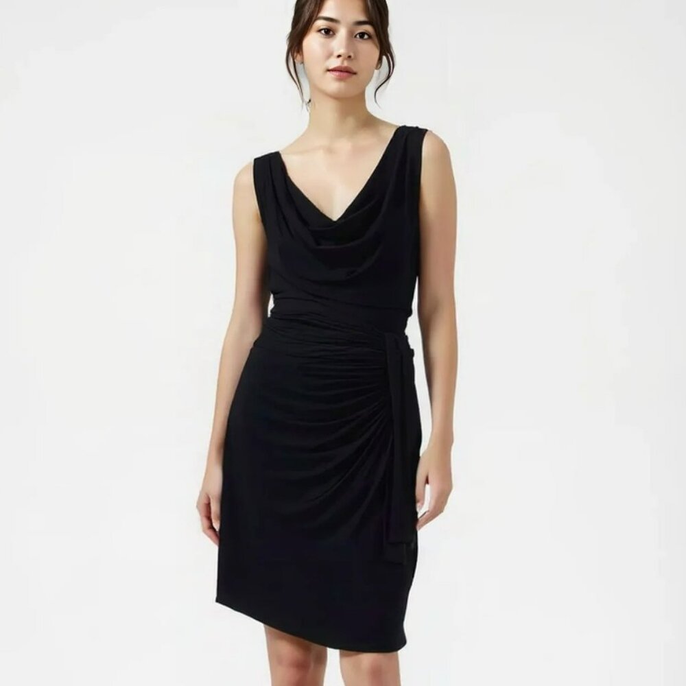 WHBM Black Cowl Draped Front Slinky Knit Gathered Pleated Goddess Dress 0 XS